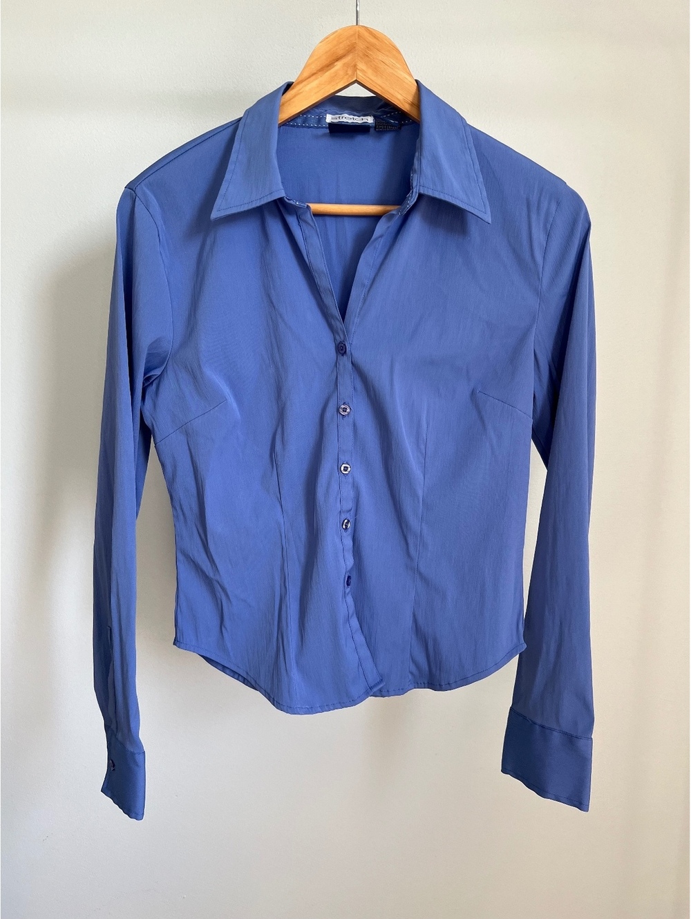DCC Stretch Women’s Medium Blue Button Down Shirt Long Sleeve Fitted Blouse